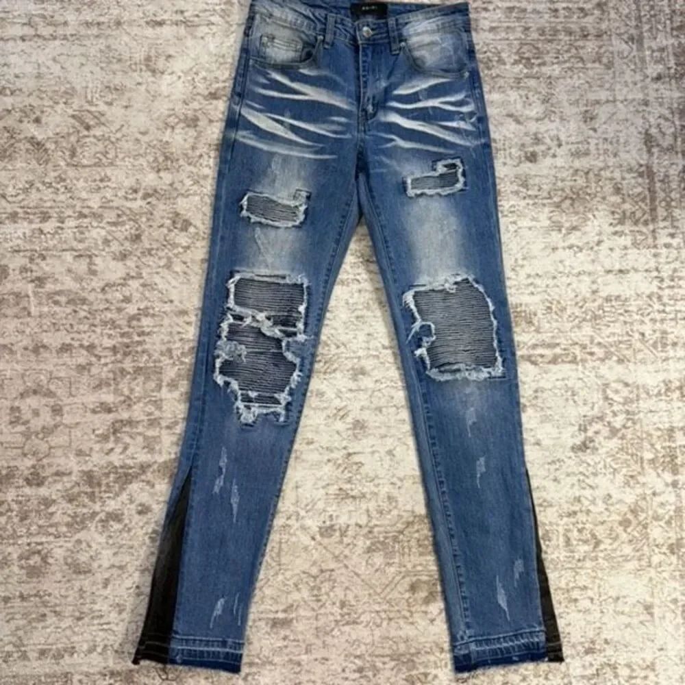 Amiri Men's Distressed Patched Straight Raw Hem Biker Jeans Blue Size 28